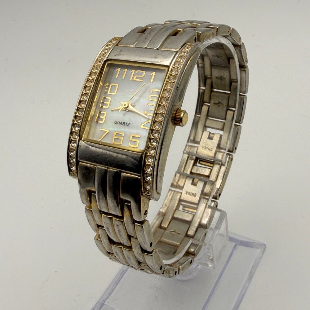 Elegant Two-Tone Tonneau Watch Rhinestone Bezel MOP Dial Working New Battery